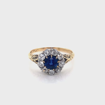 Round Sapphire and Old Cut Diamond Cluster Ring