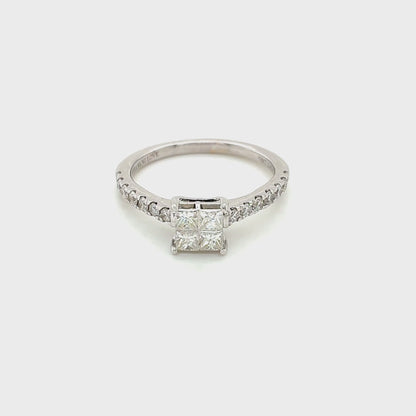 18ct White Gold, Princess Cut Diamond Cluster with Diamond set shoulders