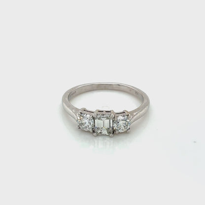 18ct White Gold, Emerald and Round Brilliant Cut Diamond 3 Stone Ring